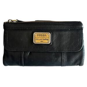 Fossil Black Leather Wallet Zip Around Clutch Continental Long Live Vintage